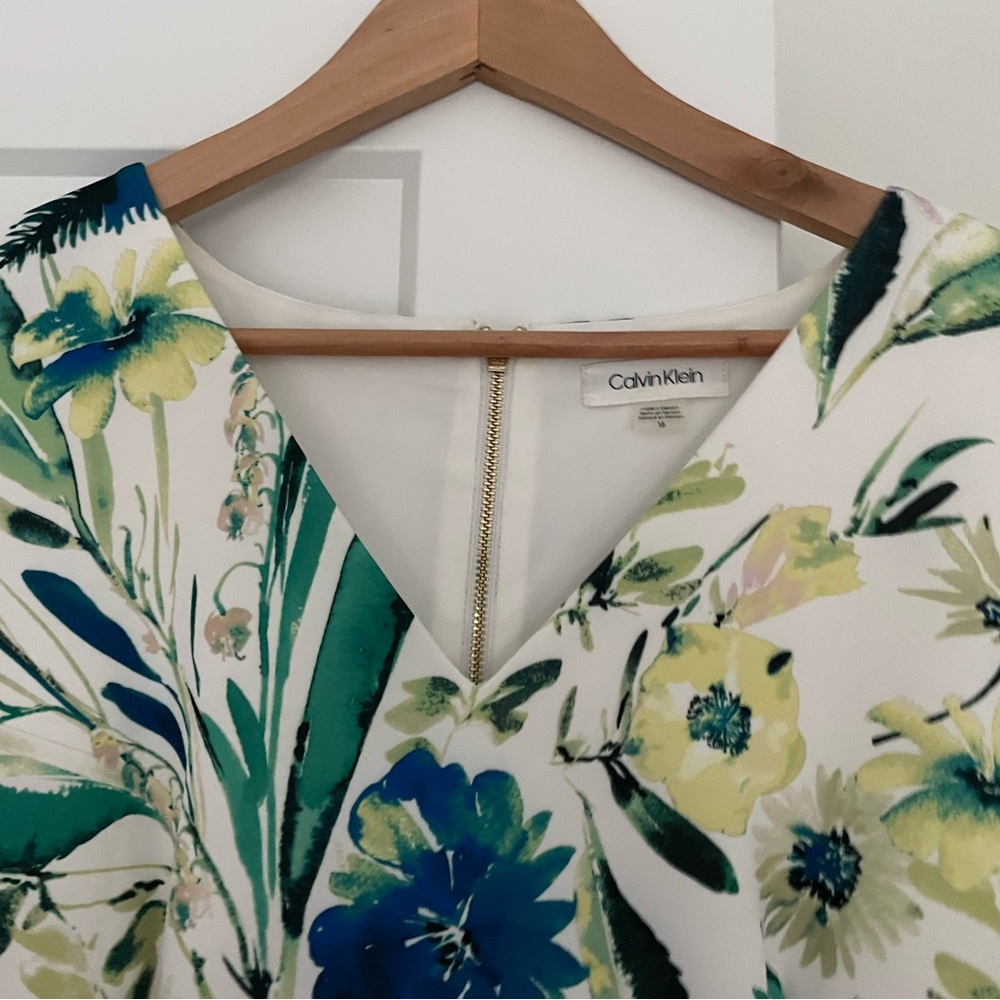 Calvin Klein White Floral Sheath Dress with Blue and Green Accents - Picture 3 of 4